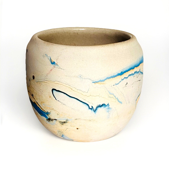 Vintage Nemadji Blue Orange Swirl Studio Art Pottery Vase 4" Tall x 4.75" Wide - Picture 4 of 7